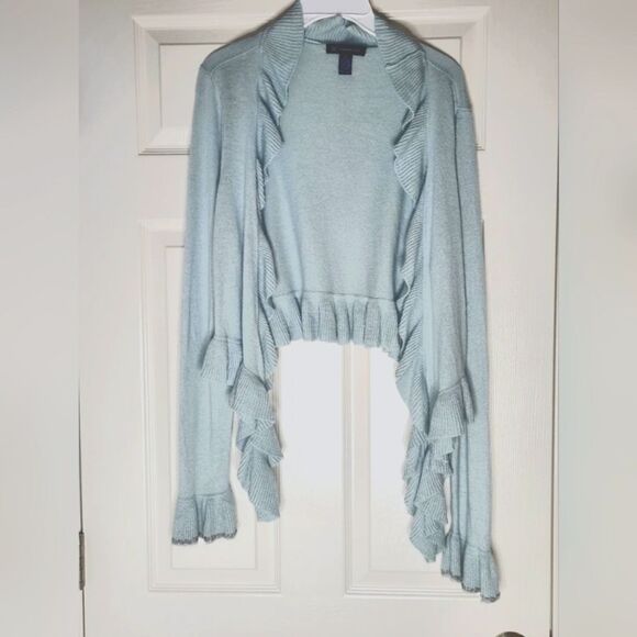 Vtg INC Intern. Concepts XL Blue Knit Crop Waterfall Ruffle Women Open Cardigan - Picture 1 of 9